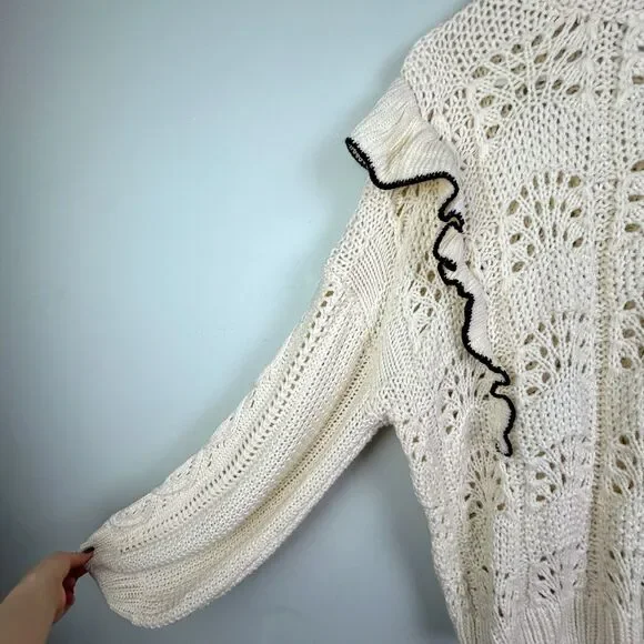 En Saison Anthropologie Dee Ruffled Sweater Cream Balloon Sleeve Pointelle S EUC - Picture 7 of 14